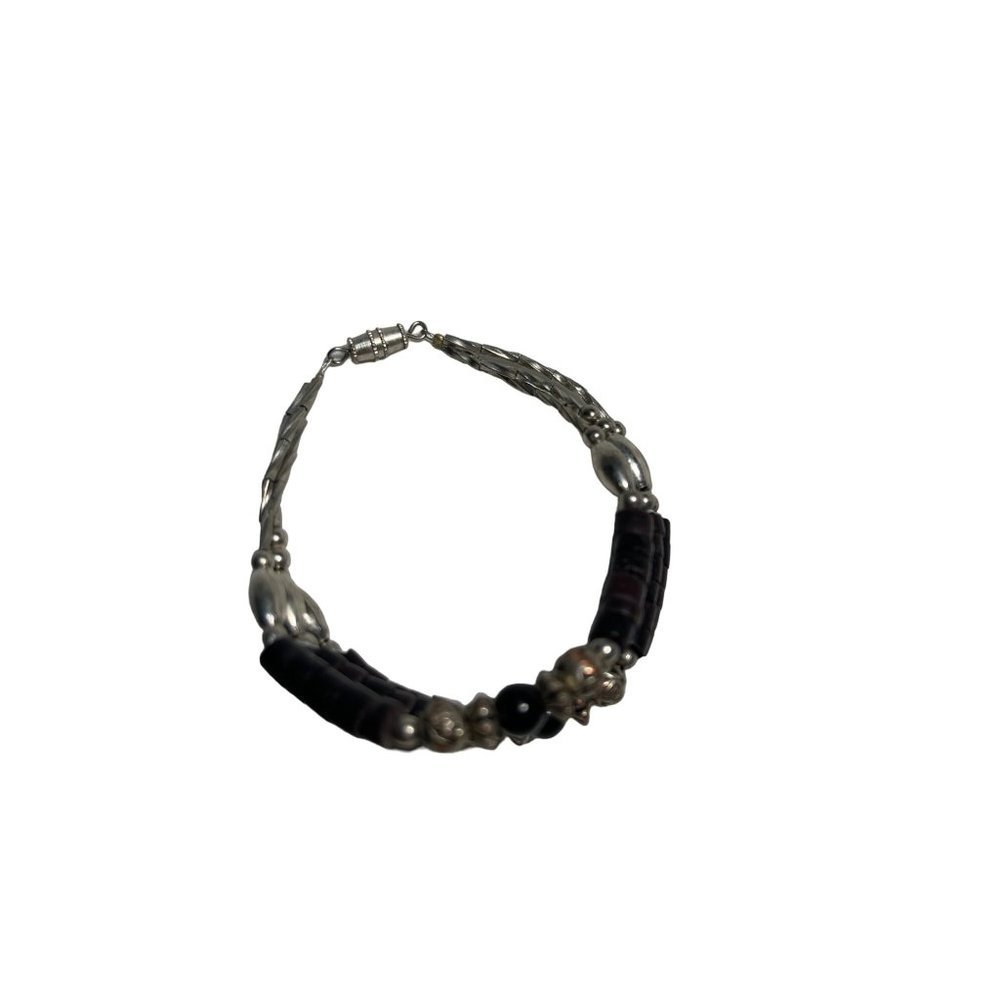 Silver Rose and Black Onyx Beaded Triple Strand Bracelet